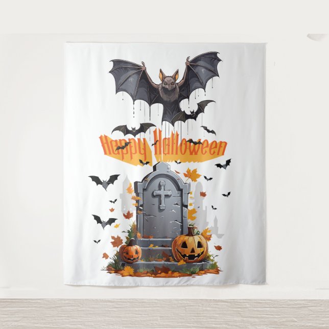 Tapiz Feliz Halloween Head Stone Y Vampiros Bats (Anverso)