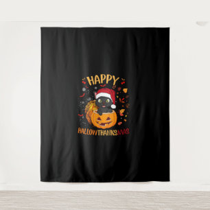 Tapiz Feliz HallowGraciasMas Black Cat Santa Hat Holiday