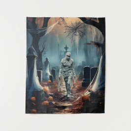 Tapiz Feliz momia de Halloween en un cementerio