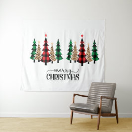 Tapiz Feliz Navidad Árboles de Cuadros Rojos Verdes