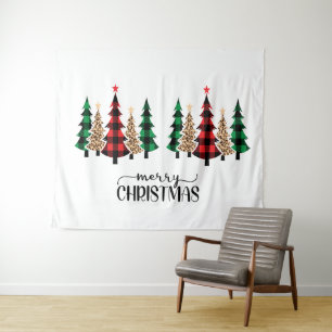 Tapiz Feliz Navidad Árboles de Cuadros Rojos Verdes