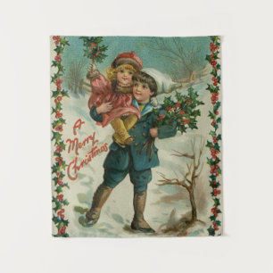 Tapiz Feliz Navidad - tarjeta postal retro, niños, acebo