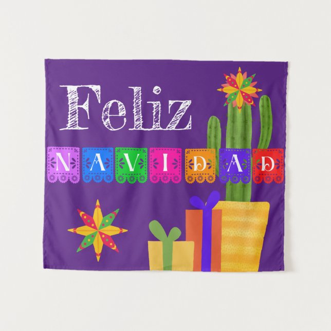 Tapiz Feliz Navidad Verde Cactus En Púrpura (Anverso (horizontal))