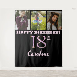 Tapiz Fiesta de 18 cumpleaños, Brillo Rosa y 3 fotos