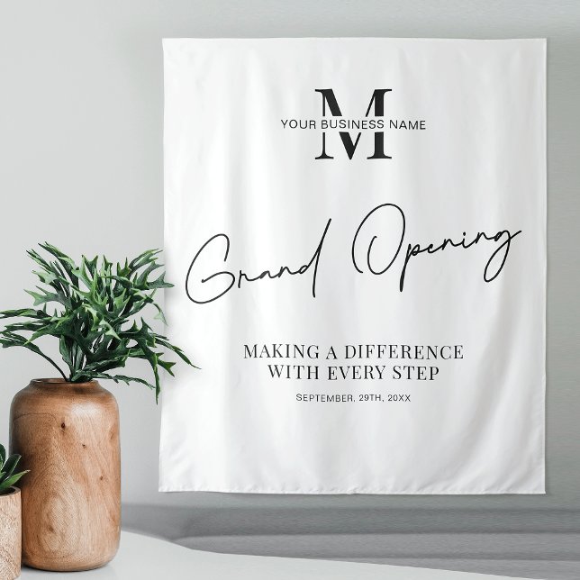 Tapiz Fiesta de apertura de grandes empresas de monogram (Modern business Grand Opening event branded tapestry in black & white with your monogram)