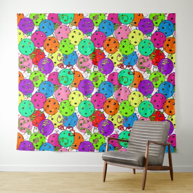 Tapiz Fiesta de baloncesto Pickleball Globos en blanco (In situ (horizontal))