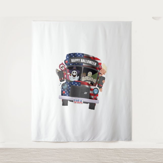 Tapiz fiesta de camisetas de autobús feliz de halloween (Anverso)