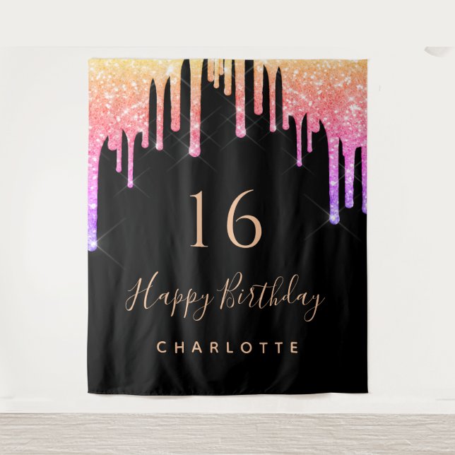 Tapiz Fiesta de cumpleaños arcoíris negro purpuraprosa b (Anverso)