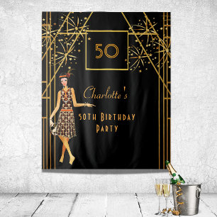 Tapiz Fiesta de cumpleaños oro negro estilo Art Decó de 