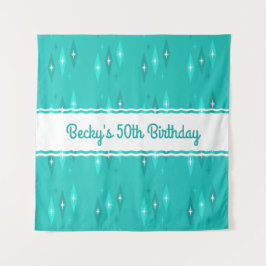 Tapiz Fiesta de cumpleaños personalizada retro turquesa