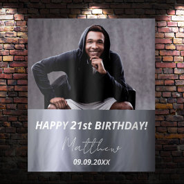 Tapiz Fiesta de cumpleaños plata personalizada con foto 