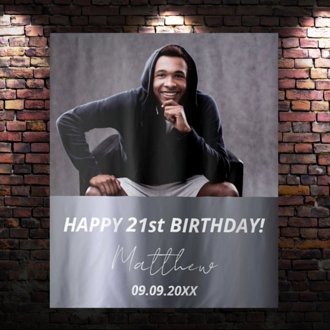 Tapiz Fiesta de cumpleaños plata personalizada con foto  (Subido por el creador)
