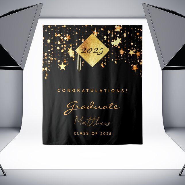 Tapiz Fiesta de graduación 2023 estrellas negras doradas (Subido por el creador)
