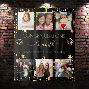 Tapiz Fiesta de graduación negro dorado collage de fotos