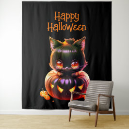 Tapiz Fiesta de Halloween Gato Negro Calabaza Horror Ter