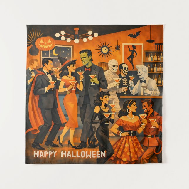 Tapiz Fiesta de Martini de Halloween Moderno de Mitad de (Anverso)