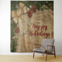 Fiesta de Navidad Hojas Verdes Doradas Rojas Rústi