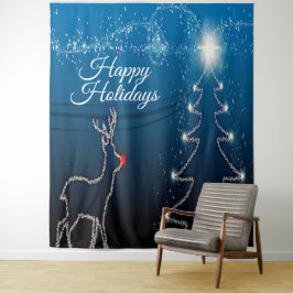 Tapiz Fiesta de Navidad Reno Árbol Cielo Azul Estrellas