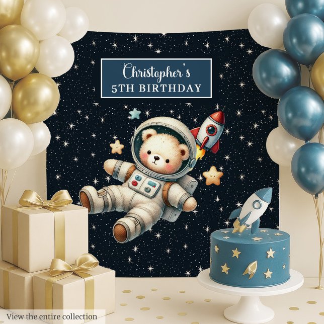 Tapiz Fiesta de oso espacial personalizado para cu (Custom Space Bear Party Tapestry for Birthday)