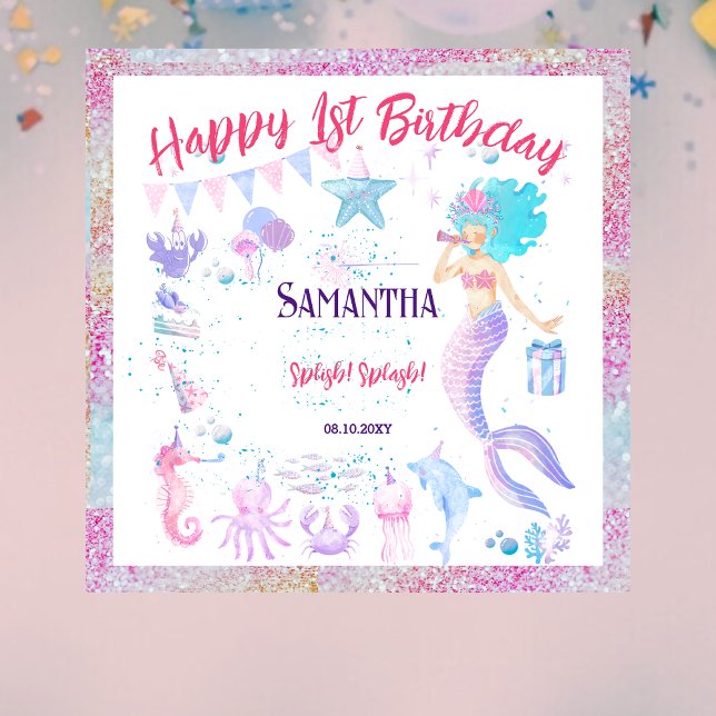 Tapiz Fiesta de sirena Chica rosa azul primer cumpleaños (Subido por el creador)