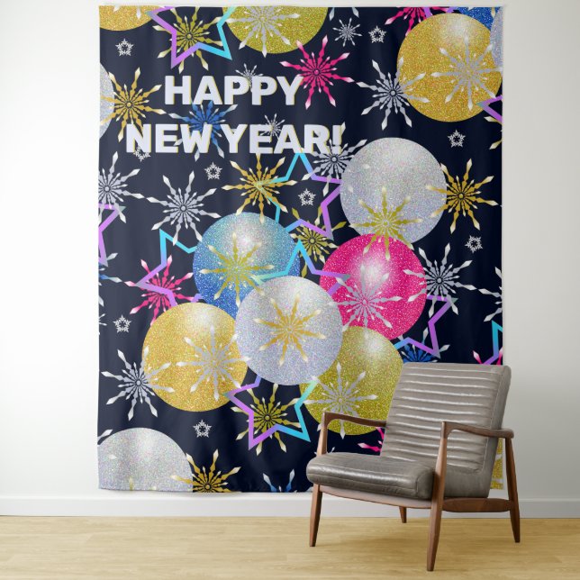 Tapiz Fiesta navideña de ornamentos y copos de nieve (In situ)