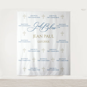 Tapiz First Communion banner backdrop blue and gold