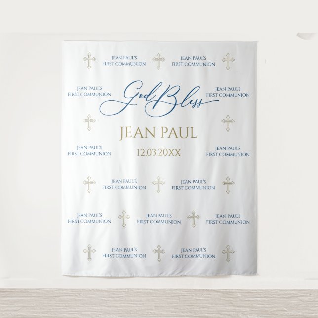Tapiz First Communion banner backdrop blue and gold (Anverso)