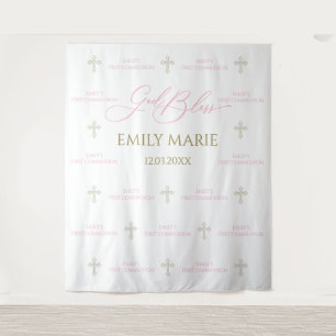 Tapiz First Communion banner backdrop pink and gold
