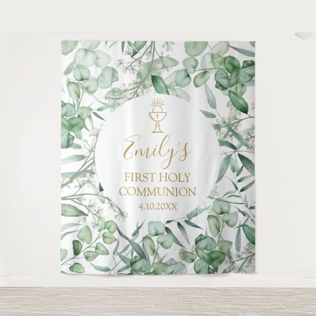 Tapiz First Communion Eucalyptus greenery backdrop banne (Anverso)
