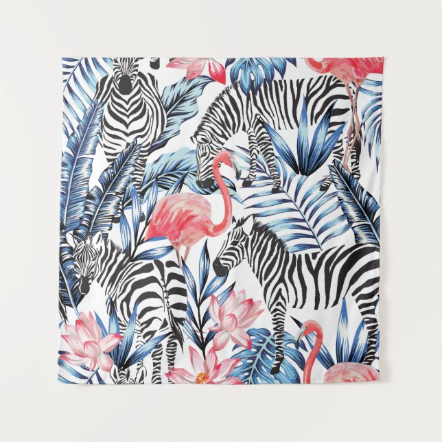 Tapiz Flalia tropical: paraíso de cebra flamenca (Anverso)