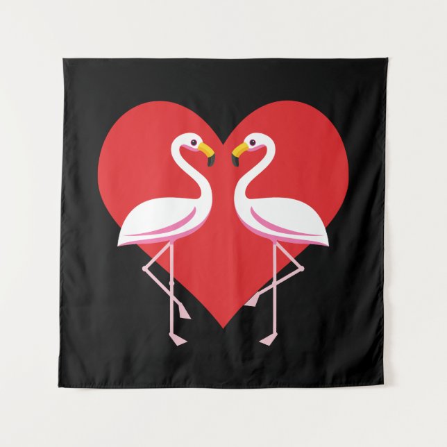 Tapiz Flamencos blancos rosados con corazón rojo (Anverso)