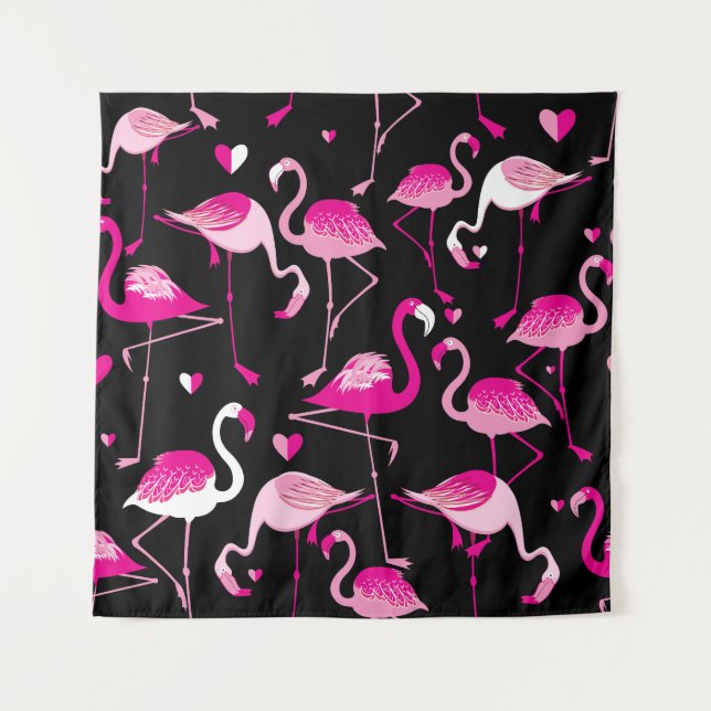 Tapiz Flamencos rosados, patrón oscuro sin costuras. (Anverso)