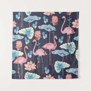 Tapiz Flamencos rosas rodeados de flores de loto y pro