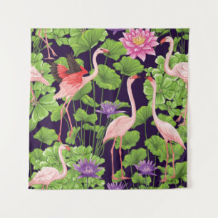 Tapiz Flamingo, plantas tropicales, fondo negro.
