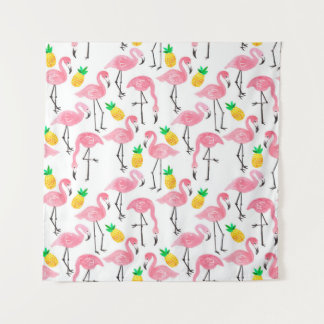 Tapiz Flamingo rosa de color de agua y piña amarilla