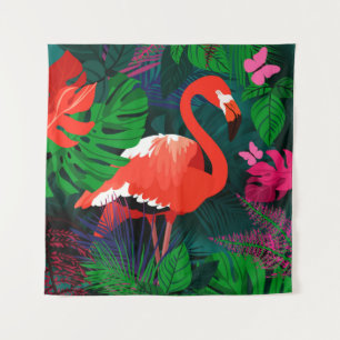 Tapiz Flamingo rosa. Hojas tropicales, mariposa rosada, 
