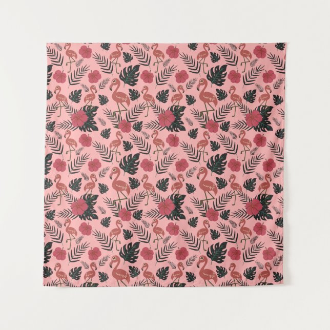 Tapiz Flamingo rosa sin costura flores patrón y hojas (Anverso)
