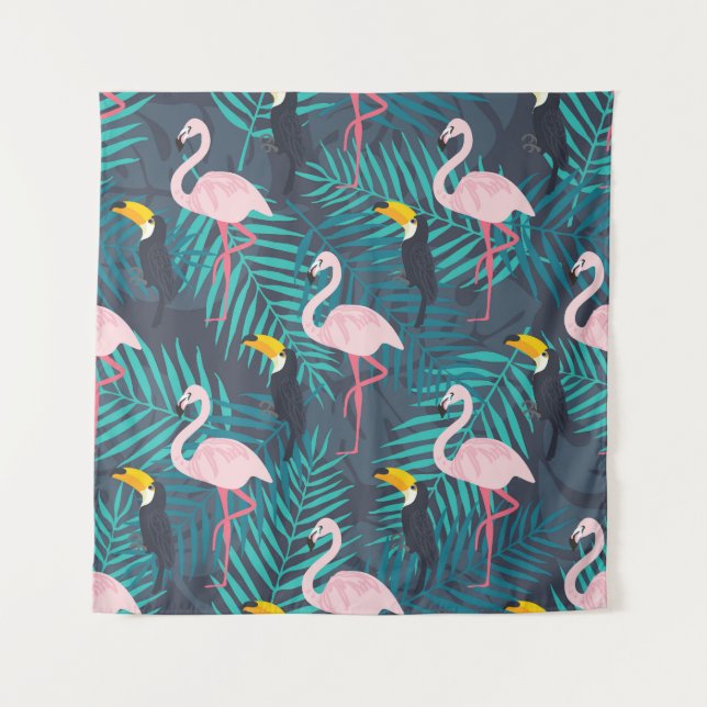 Tapiz Flamingo, toucano: patrón de hojas tropicales (Anverso)