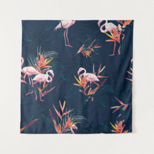 Tapiz Flamingo tropical hawaiano con ave de paraíso flot