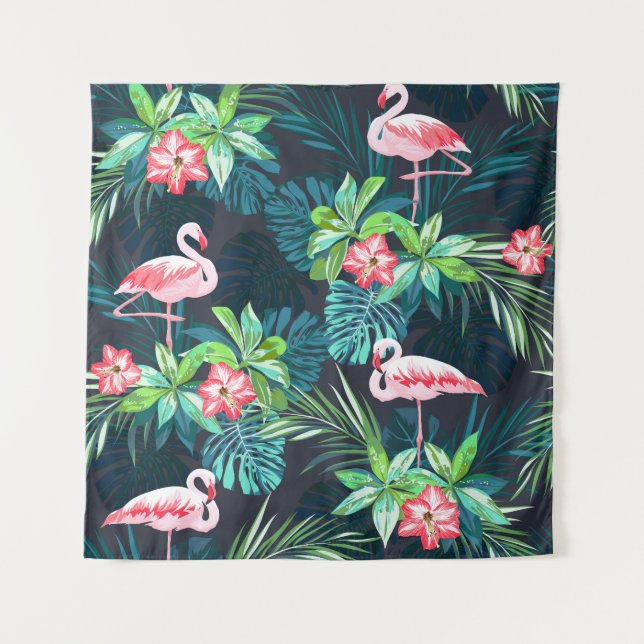 Tapiz Flamingo tropical: Patrón de flores de verano (Anverso)