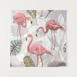 Tapiz Flamingos, hojas de palma: patrón vintage.
