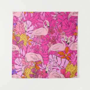 Tapiz Flamingos on a background of tropical leaves and f