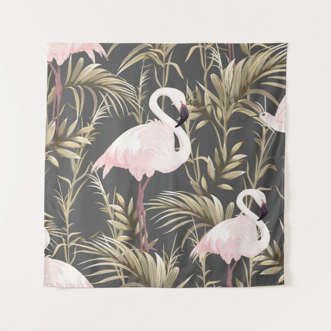 Tapiz Flamingos y Oro: Elegancia tropical rosa. (Anverso)