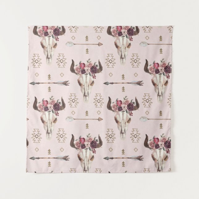 Tapiz Flechas y calavera boho, patrón de acuarela. (Anverso)