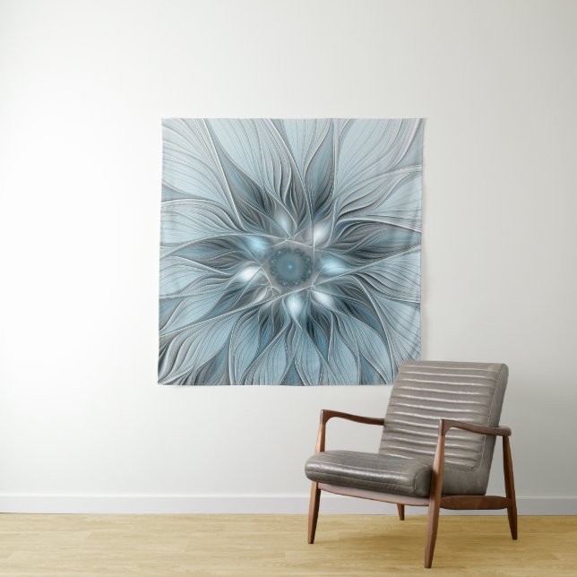 Tapiz Flor abstracta alegre azul gris fractal floral (In situ)