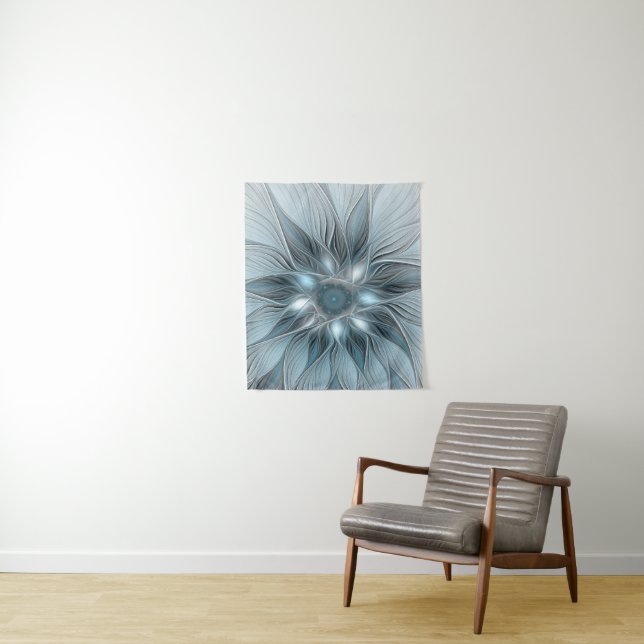 Tapiz Flor abstracta alegre azul gris fractal floral (In situ)