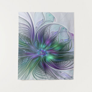 Tapiz Flor Abstracta Moderna Fractal Verde Púrpura
