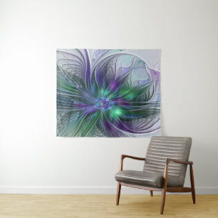 Tapiz Flor Abstracta Moderna Fractal Verde Púrpura