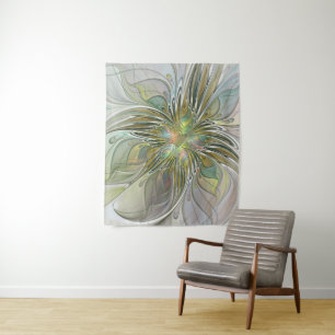 Tapiz Flor De Arte Fractal Moderno Con Oro