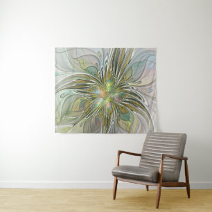 Tapiz Flor De Arte Fractal Moderno Con Oro